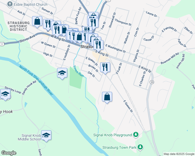 map of restaurants, bars, coffee shops, grocery stores, and more near 465 Zea Street in Strasburg