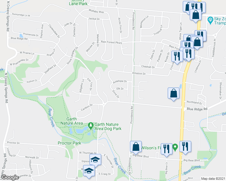 map of restaurants, bars, coffee shops, grocery stores, and more near 102 Elk Drive in Columbia