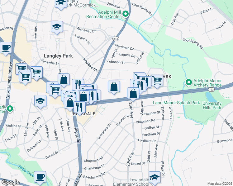 map of restaurants, bars, coffee shops, grocery stores, and more near 7911 Kreeger Dr in Hyattsville