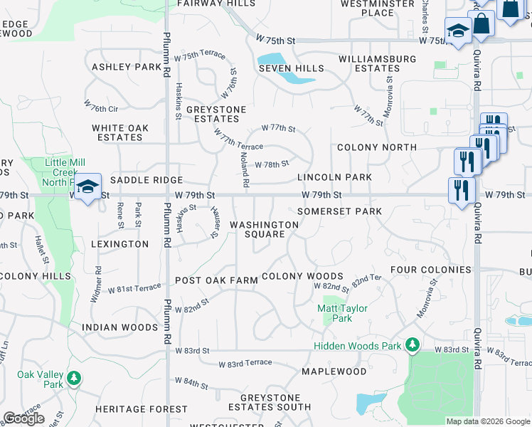 map of restaurants, bars, coffee shops, grocery stores, and more near 7915 Gillette Street in Lenexa