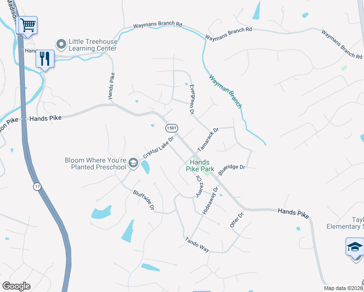 map of restaurants, bars, coffee shops, grocery stores, and more near 1207 Hands Pike in Covington