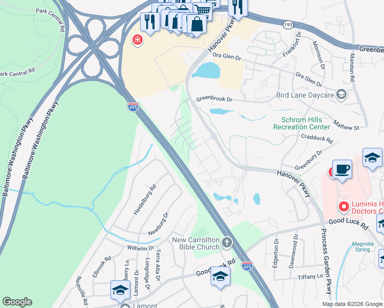 map of restaurants, bars, coffee shops, grocery stores, and more near 6994 Hanover Parkway in Greenbelt