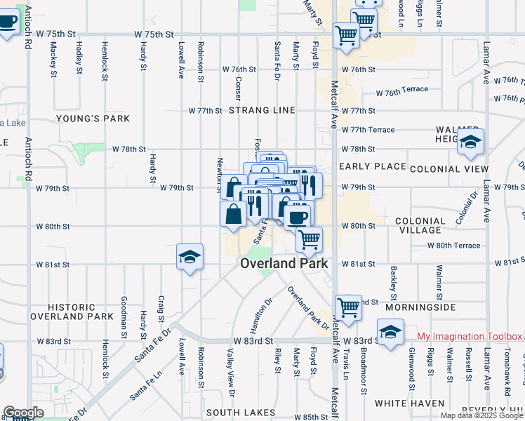 map of restaurants, bars, coffee shops, grocery stores, and more near 7912 Foster Street in Overland Park