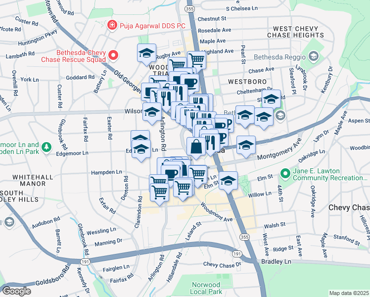 map of restaurants, bars, coffee shops, grocery stores, and more near Woodmont Avenue & Edgemoor Lane in Bethesda