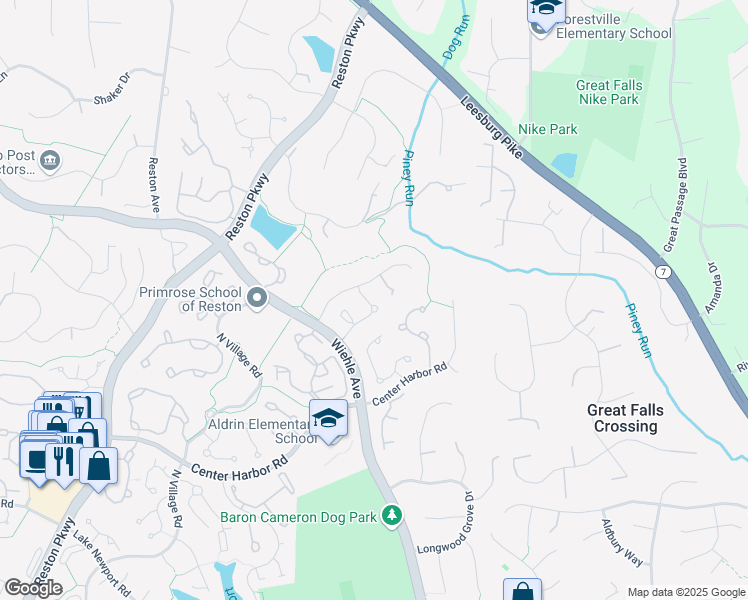 map of restaurants, bars, coffee shops, grocery stores, and more near 1213 Woodbrook Court in Reston