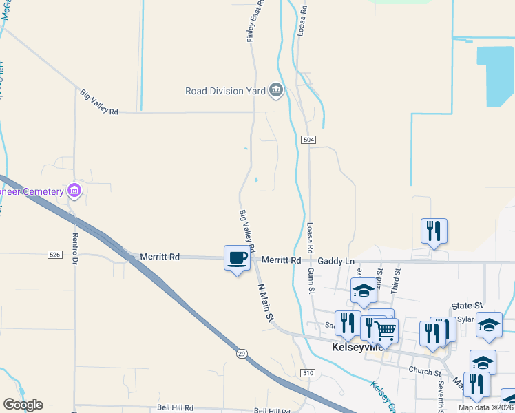 map of restaurants, bars, coffee shops, grocery stores, and more near 3560 Big Valley Road in Kelseyville