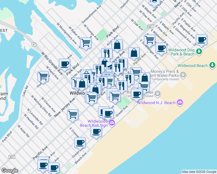 map of restaurants, bars, coffee shops, grocery stores, and more near 4442 Pacific Avenue in Wildwood