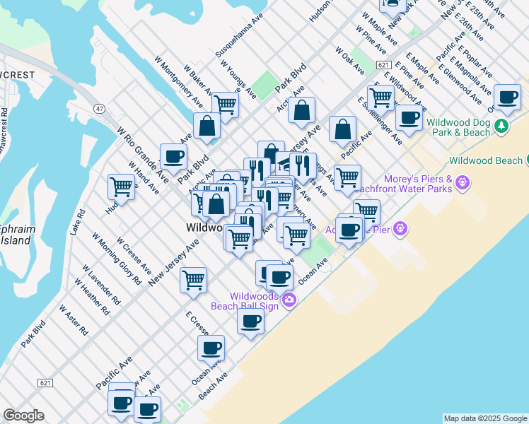 map of restaurants, bars, coffee shops, grocery stores, and more near 141 East Burk Avenue in Wildwood
