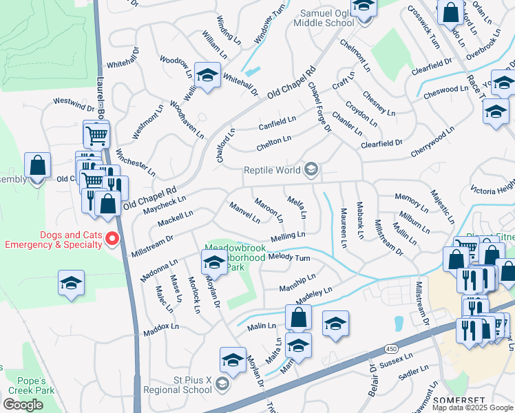 map of restaurants, bars, coffee shops, grocery stores, and more near 3618 Maroon Lane in Bowie