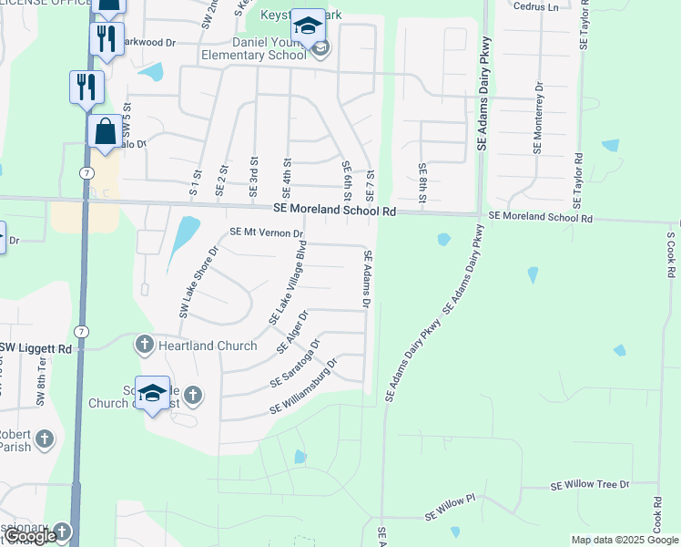 map of restaurants, bars, coffee shops, grocery stores, and more near 510 Southeast Hamilton Court in Blue Springs