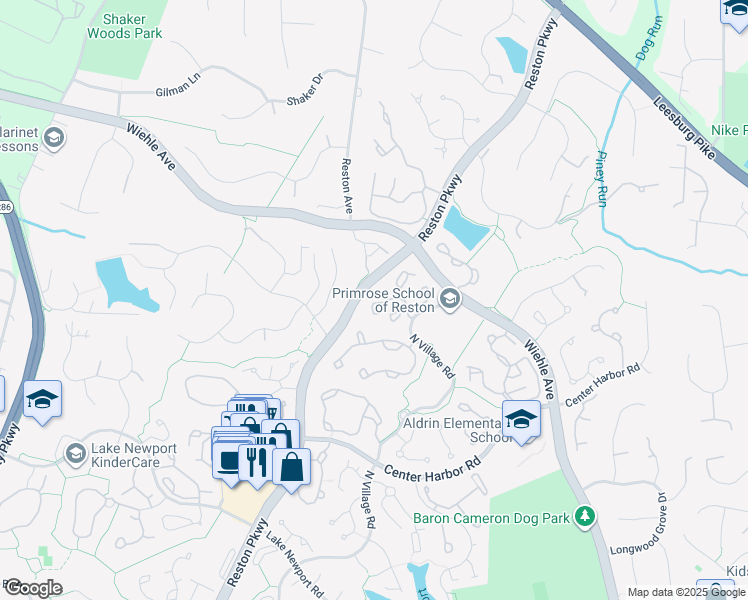 map of restaurants, bars, coffee shops, grocery stores, and more near 1305 Windleaf Drive in Reston