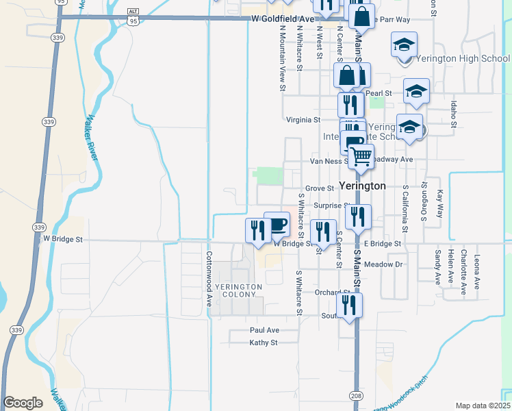 map of restaurants, bars, coffee shops, grocery stores, and more near 581 Surprise Street in Yerington