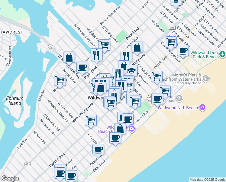 map of restaurants, bars, coffee shops, grocery stores, and more near 101 East Andrews Avenue in Wildwood