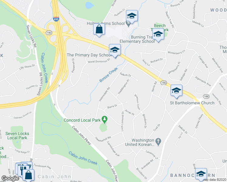 map of restaurants, bars, coffee shops, grocery stores, and more near 7219 Loch Lomond Drive in Bethesda