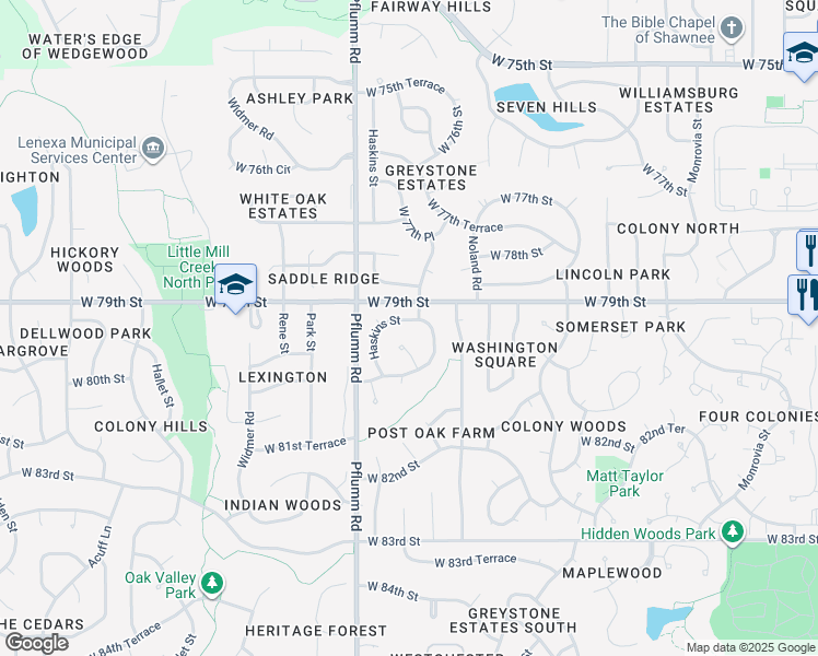 map of restaurants, bars, coffee shops, grocery stores, and more near 7901 Haskins Street in Lenexa