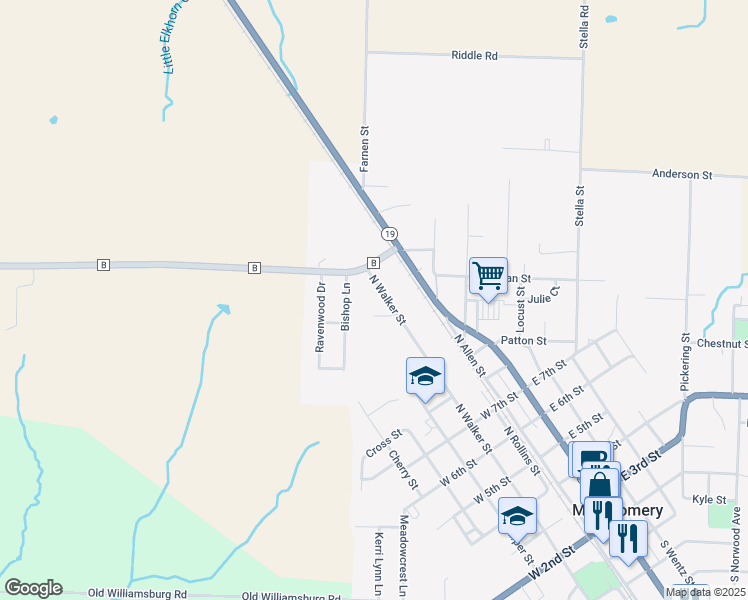 map of restaurants, bars, coffee shops, grocery stores, and more near 1065 North Walker Street in Montgomery City