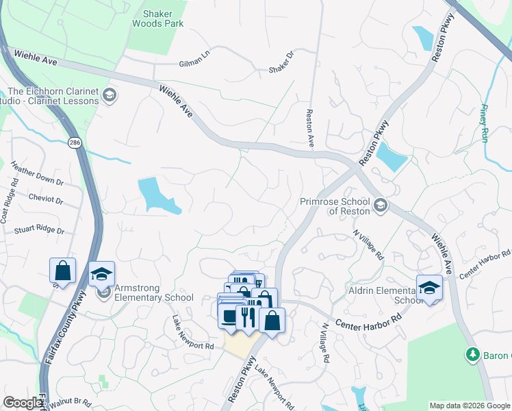 map of restaurants, bars, coffee shops, grocery stores, and more near 11611 Deer Forest Road in Reston