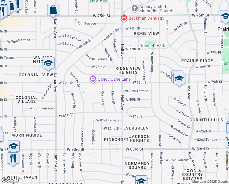 map of restaurants, bars, coffee shops, grocery stores, and more near 7923 Maple Street in Prairie Village