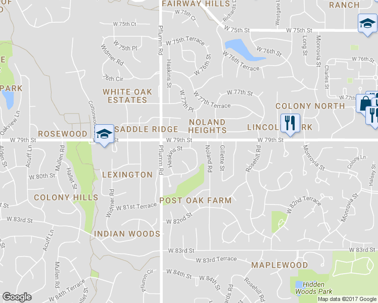 map of restaurants, bars, coffee shops, grocery stores, and more near 7901 Haskins Street in Lenexa