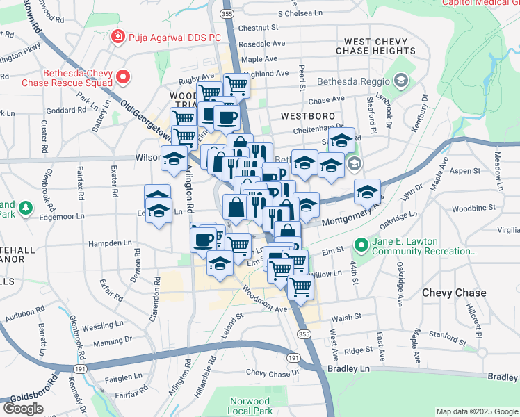 map of restaurants, bars, coffee shops, grocery stores, and more near in Bethesda