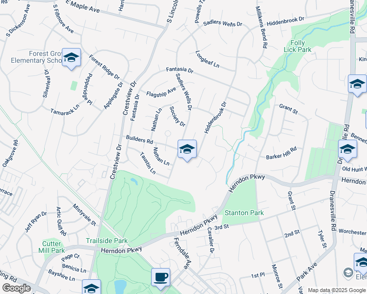 map of restaurants, bars, coffee shops, grocery stores, and more near 1645 Sadlers Wells Drive in Herndon