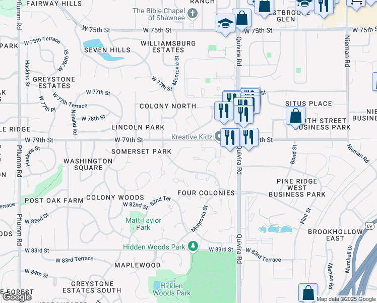 map of restaurants, bars, coffee shops, grocery stores, and more near 12119 West 79th Terrace in Lenexa