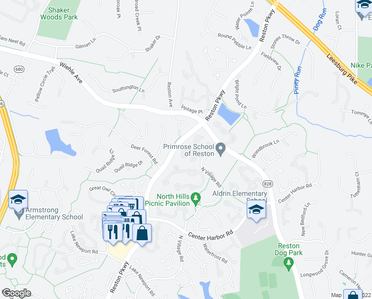 map of restaurants, bars, coffee shops, grocery stores, and more near 1305 Windleaf Drive in Reston