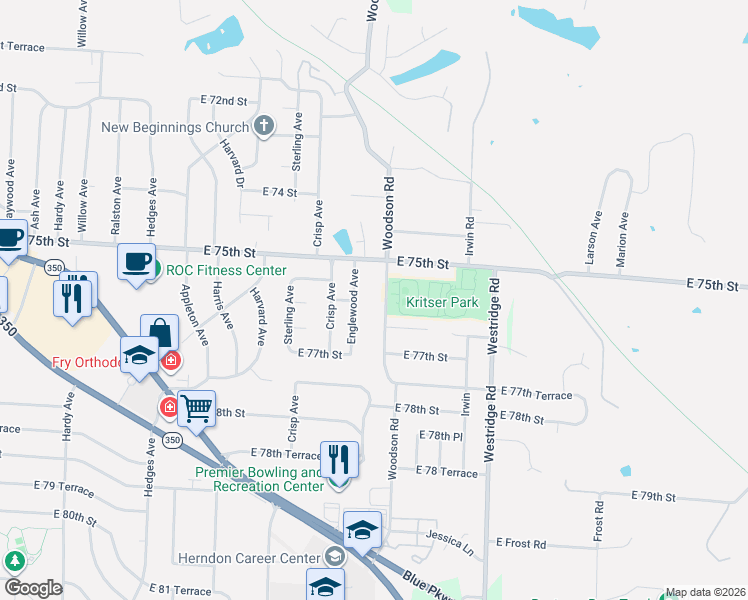 map of restaurants, bars, coffee shops, grocery stores, and more near 7512 Woodson Road in Raytown