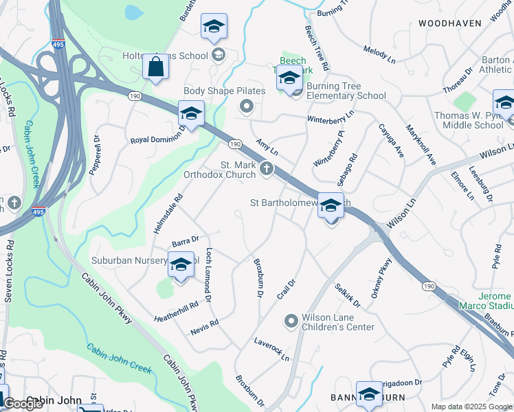 map of restaurants, bars, coffee shops, grocery stores, and more near 7502 Nevis Road in Bethesda