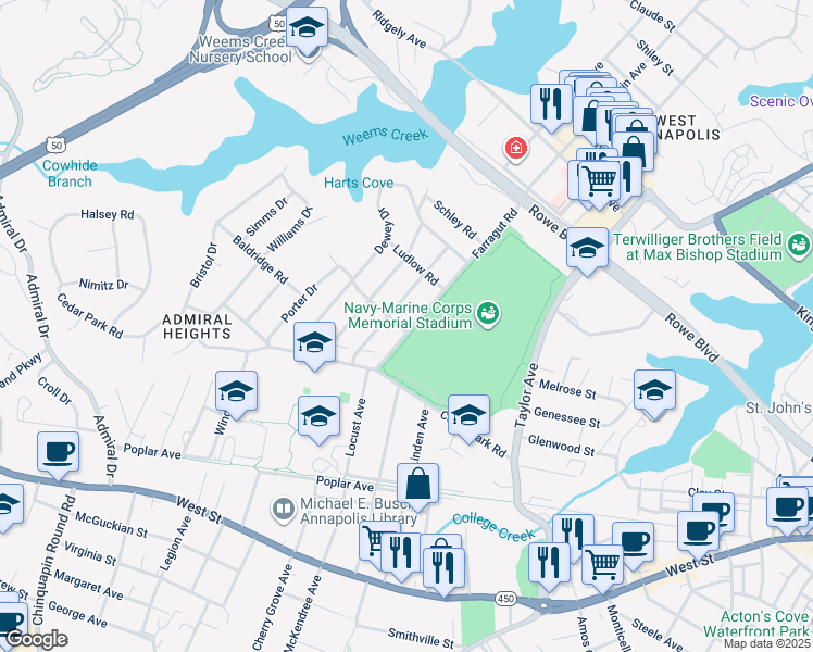 map of restaurants, bars, coffee shops, grocery stores, and more near 203 Farragut Road in Annapolis