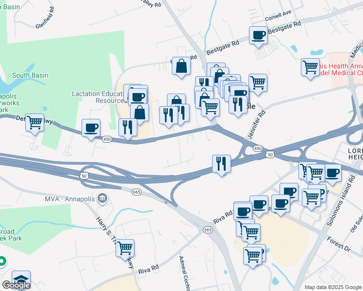 map of restaurants, bars, coffee shops, grocery stores, and more near 40 Oak Court in Annapolis