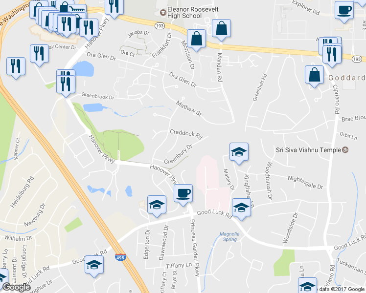 map of restaurants, bars, coffee shops, grocery stores, and more near 7926 Greenbury Drive in Greenbelt