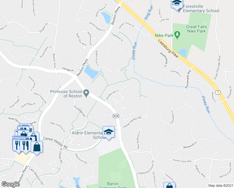 map of restaurants, bars, coffee shops, grocery stores, and more near 1200 Woodbrook Court in Reston