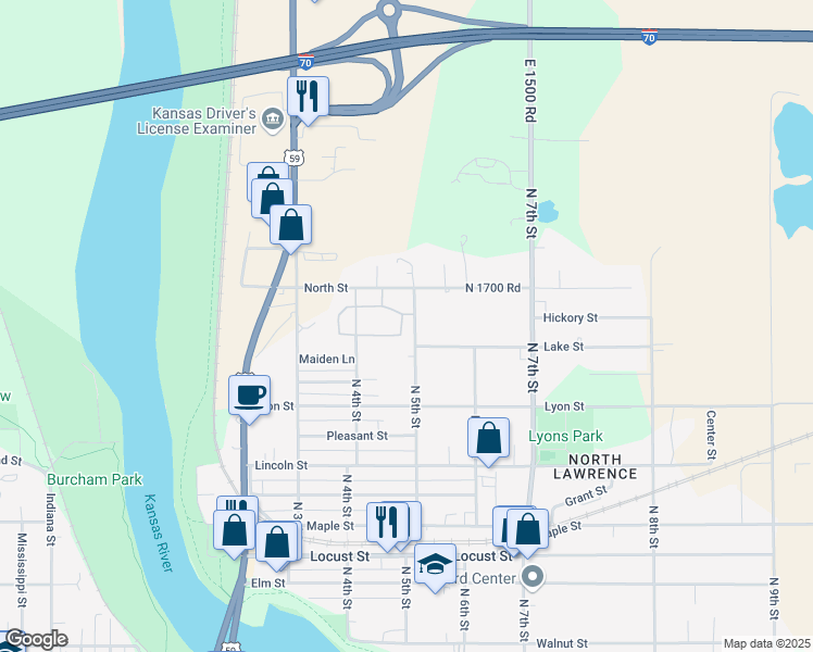 map of restaurants, bars, coffee shops, grocery stores, and more near 420 North Street in Lawrence