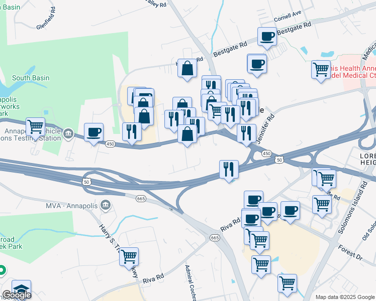 map of restaurants, bars, coffee shops, grocery stores, and more near 40 Oak Court in Annapolis
