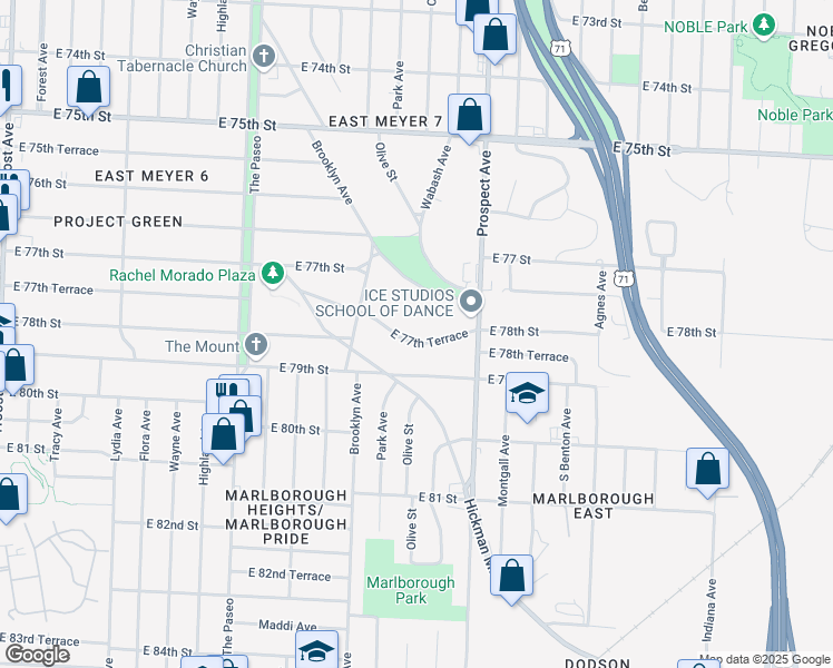 map of restaurants, bars, coffee shops, grocery stores, and more near 2252 East 77th Terrace in Kansas City