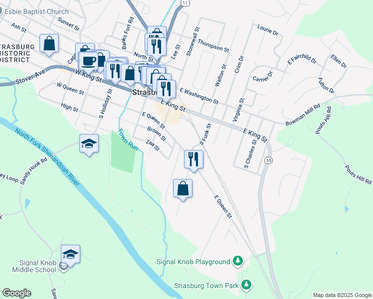 map of restaurants, bars, coffee shops, grocery stores, and more near 629 East Queen Street in Strasburg