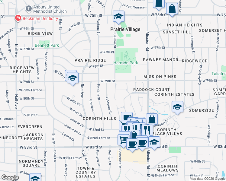 map of restaurants, bars, coffee shops, grocery stores, and more near 42 Coventry Court in Prairie Village