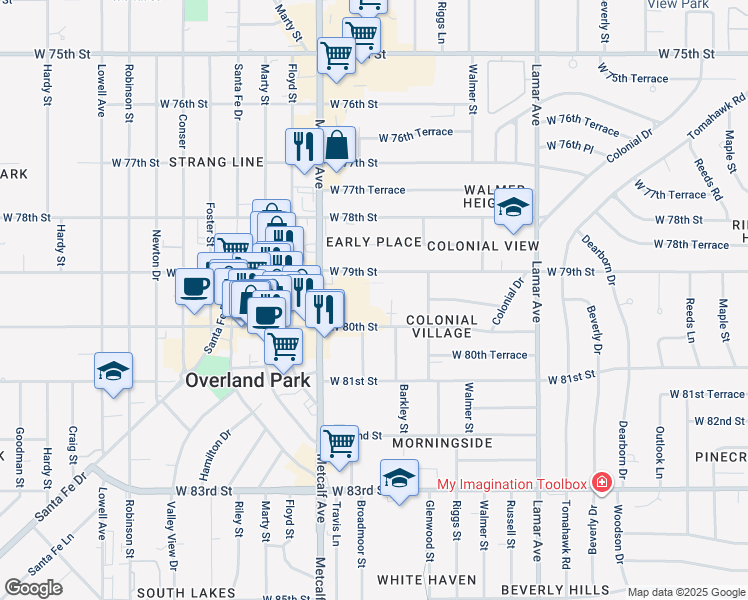 map of restaurants, bars, coffee shops, grocery stores, and more near 6921 West 79th Street in Overland Park