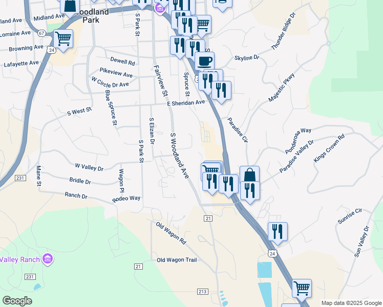 map of restaurants, bars, coffee shops, grocery stores, and more near 350 East Laura Lane in Woodland Park