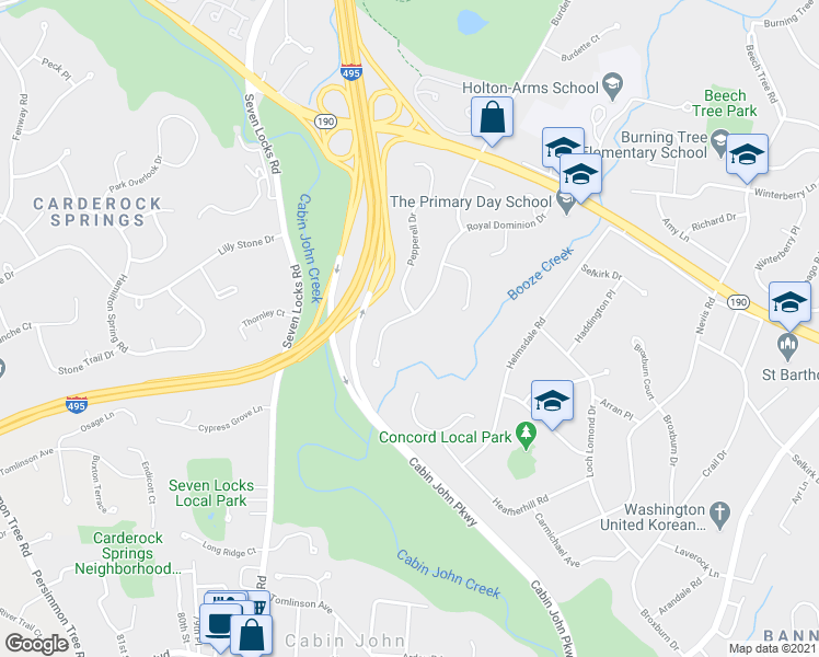 map of restaurants, bars, coffee shops, grocery stores, and more near 7604 Royal Dominion Drive in Bethesda
