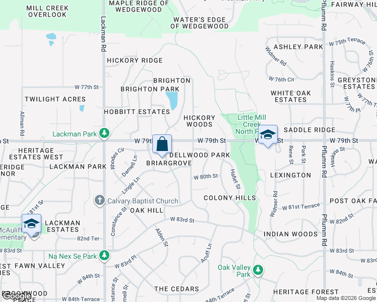 map of restaurants, bars, coffee shops, grocery stores, and more near 7908 Acuff Lane in Lenexa