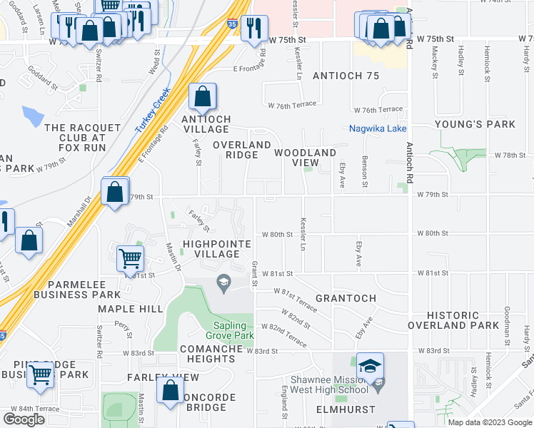 map of restaurants, bars, coffee shops, grocery stores, and more near 7917 Grant Street in Overland Park