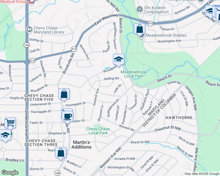 map of restaurants, bars, coffee shops, grocery stores, and more near 3210 Pickwick Lane in Chevy Chase