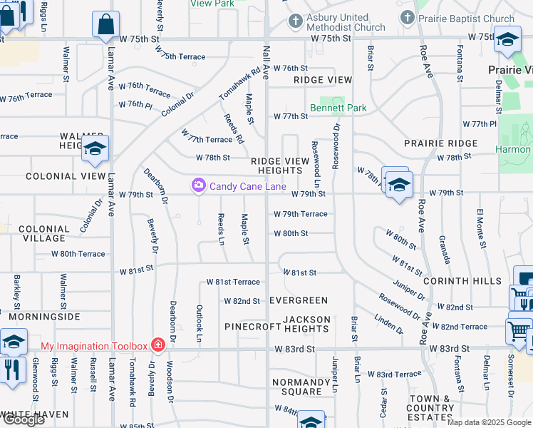 map of restaurants, bars, coffee shops, grocery stores, and more near Nall Ave & W 79th Terrace in Prairie Village