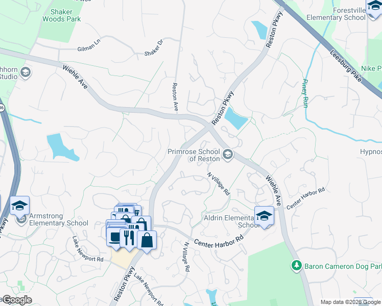 map of restaurants, bars, coffee shops, grocery stores, and more near 1305 Windleaf Drive in Reston