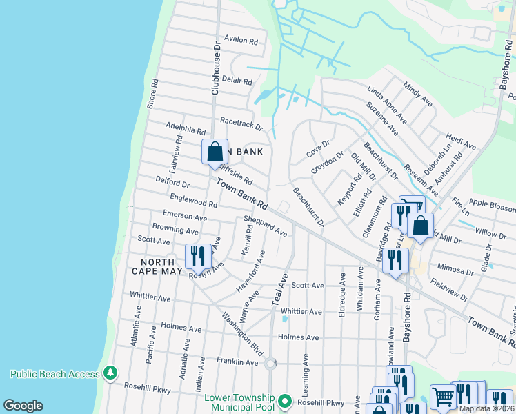map of restaurants, bars, coffee shops, grocery stores, and more near 300 Town Bank Road in North Cape May