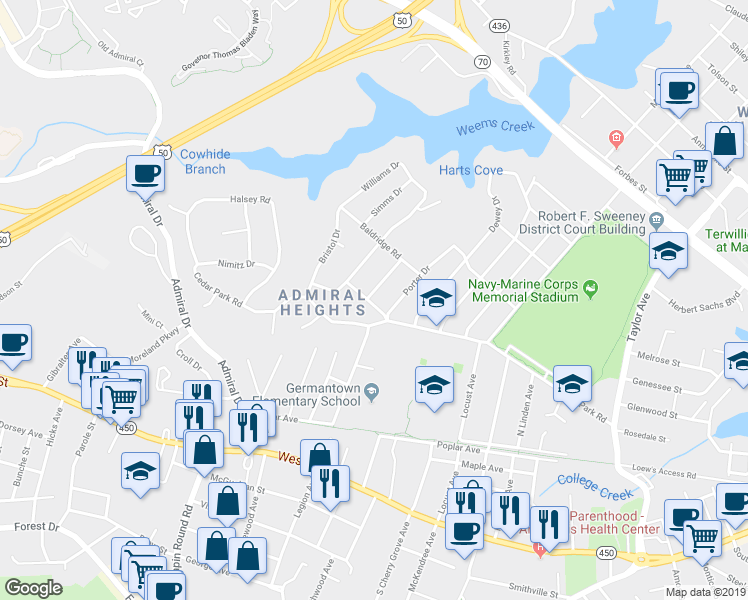map of restaurants, bars, coffee shops, grocery stores, and more near 31 Goodrich Road in Annapolis
