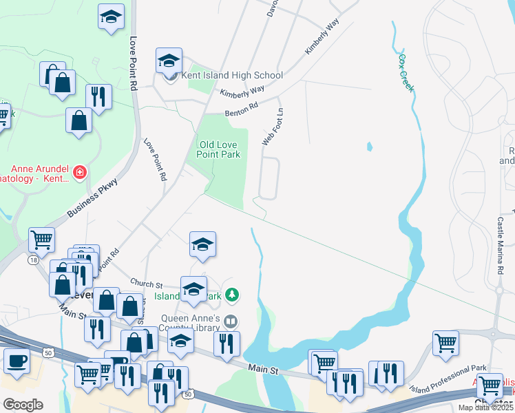map of restaurants, bars, coffee shops, grocery stores, and more near 301 Church Street in Stevensville