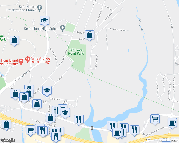 map of restaurants, bars, coffee shops, grocery stores, and more near 301 Church Street in Stevensville